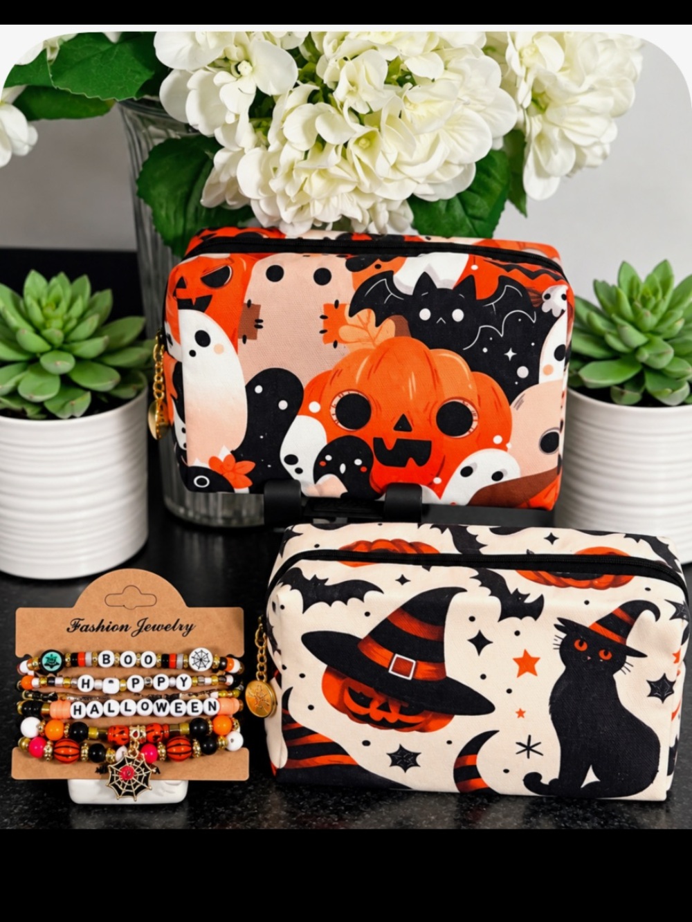 Halloween Print Makeup Bags/Pouch & 6 Piece Bracelet Set NWOT